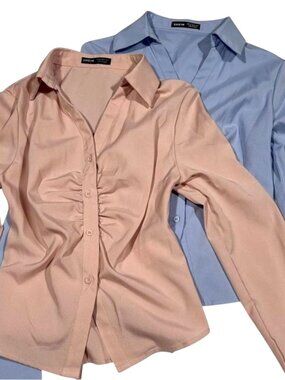 Corseted Back Shirt Set XS Salmon Blue 2pc